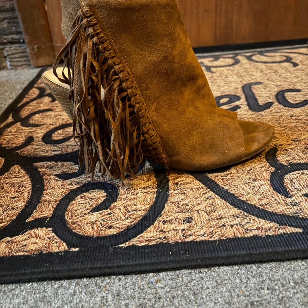 Brown Fringe Open-Toe Bootie